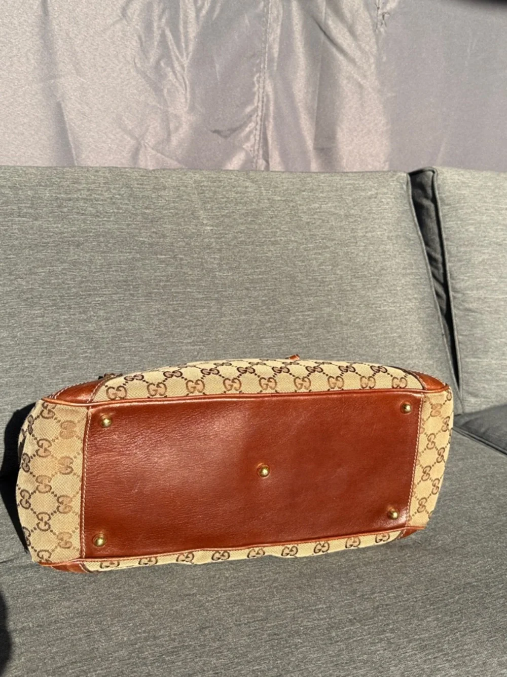 Gucci Brown GG Canvas Satchel with Leather Trim and Gold Hardware